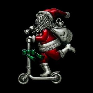 Vintage Signed JJ Pewter And Enamel Santa On A Scooter Brooch